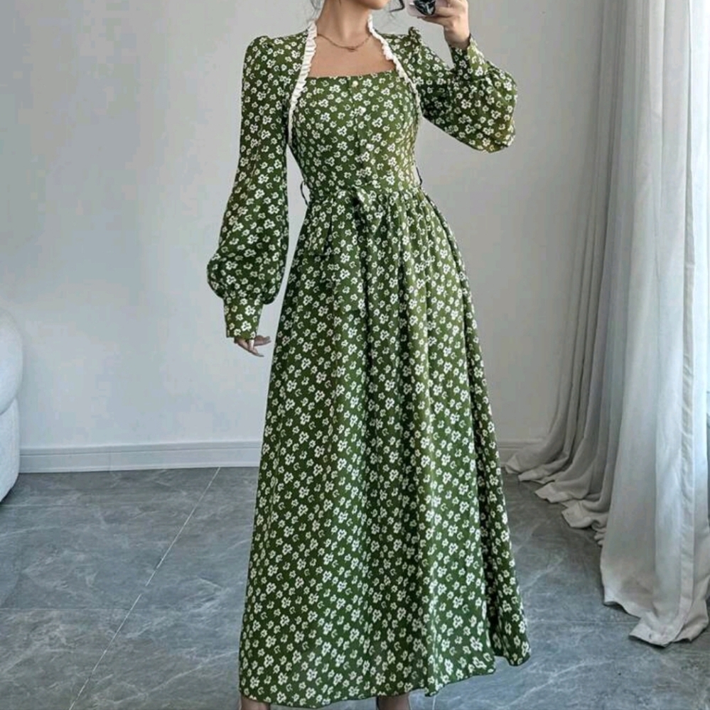 Women's Woven Printed Button Front Cinched Waist Long Sleeve Dress - Picture 1 of 4